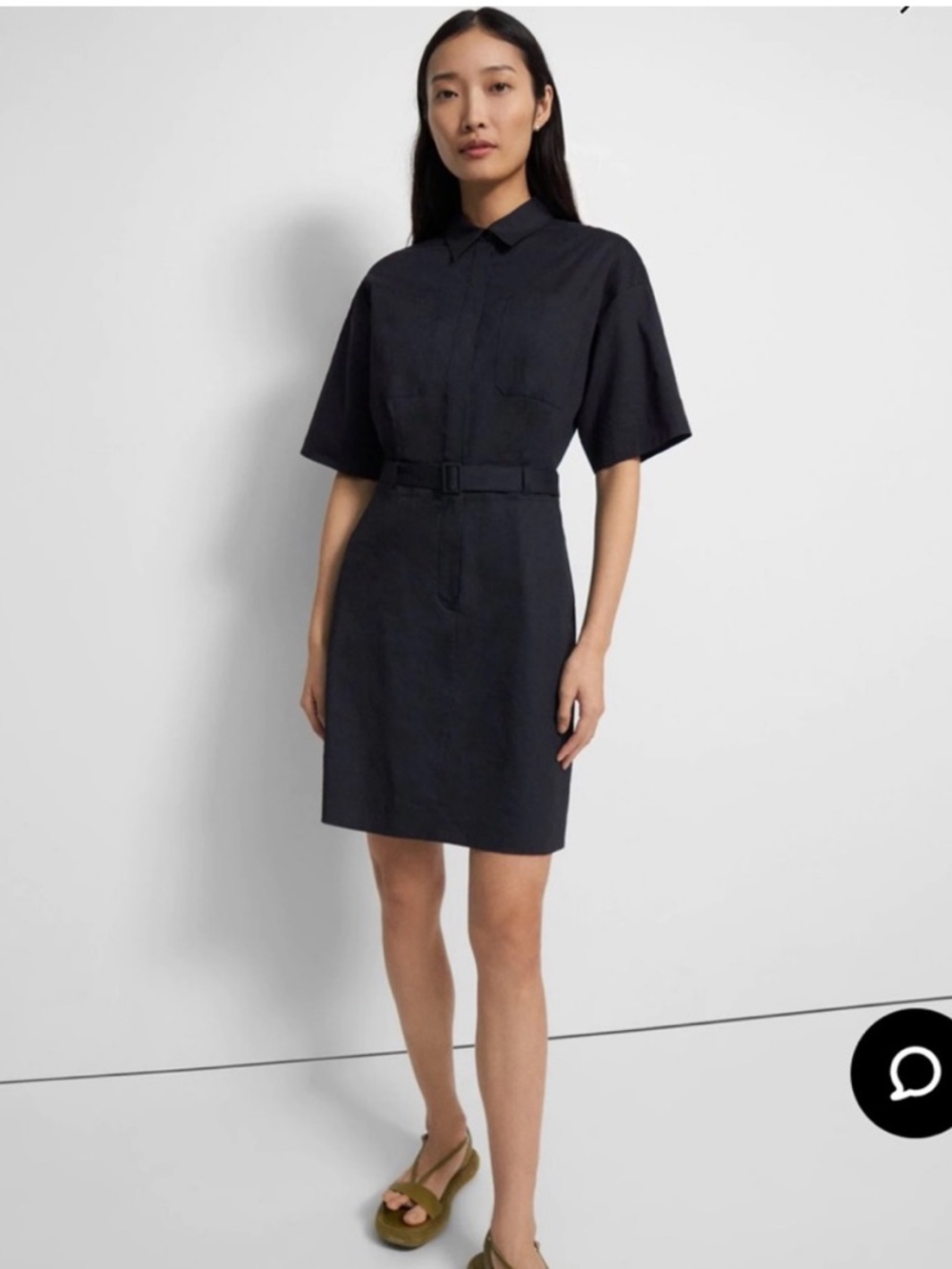 Theory Black Short-Sleeve Belted Shirt Dress
